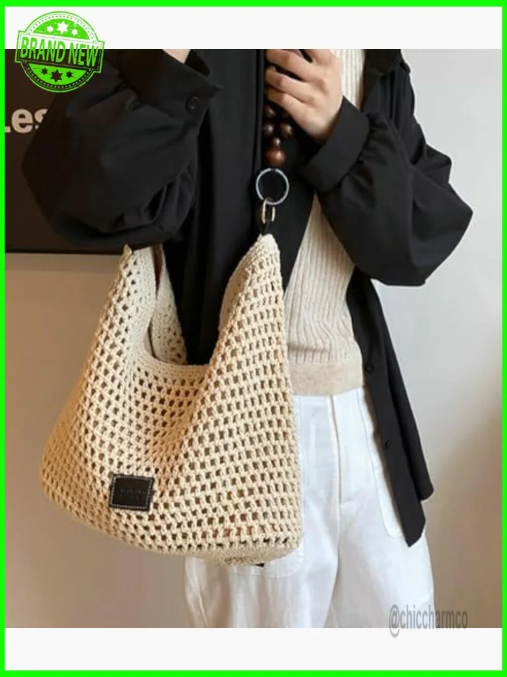 Crochet Cotton Hobo Shoulder Bag, Woven Mesh Beach Purse with Bead Accent